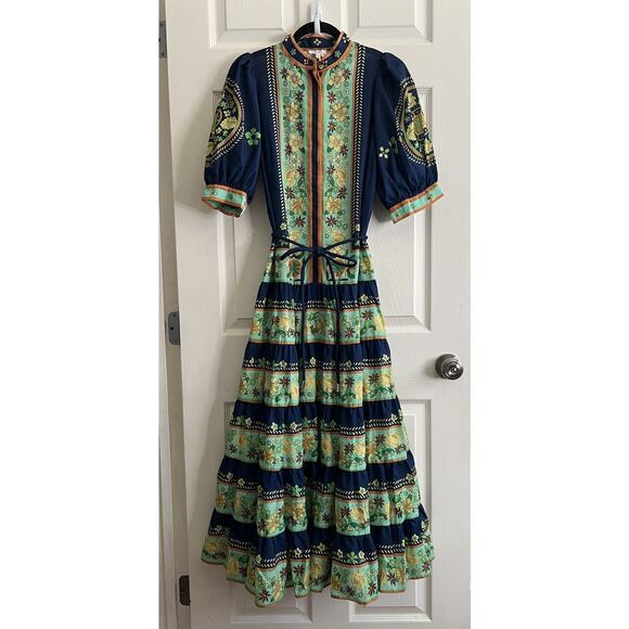 LUXXEL Navy Floral Puff Sleeve Button Front Tiered Maxi Dress Sz M NWT - Picture 2 of 16